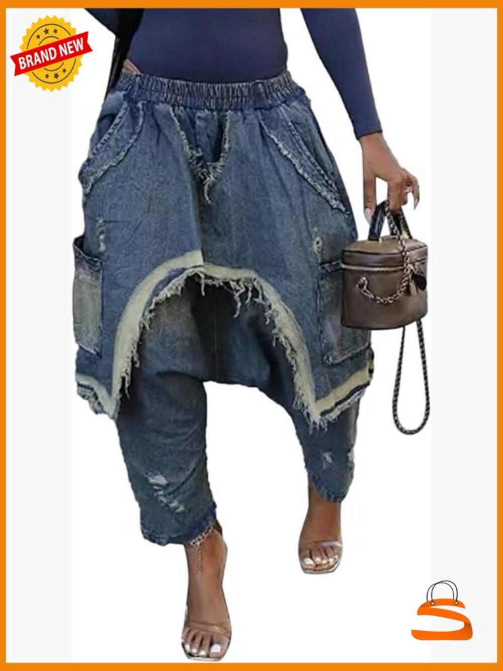 Baggy Harem Jeans Patchwork Cargo Denim Pants Elastic Waist Wide Leg Jogger